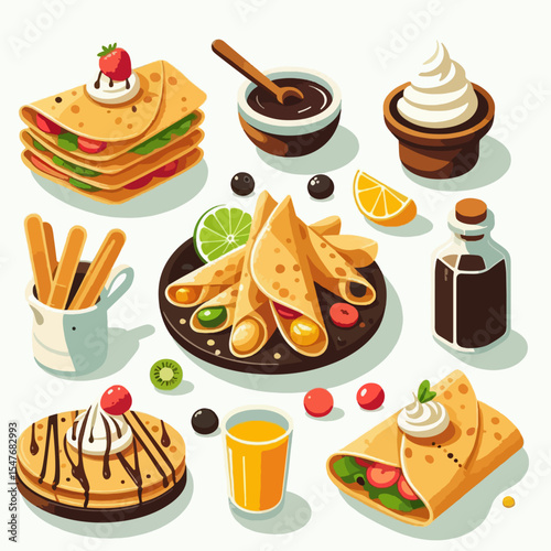 Collection of colorful crepe and pancake illustrations, featuring various toppings and sauces, displayed against a white background.