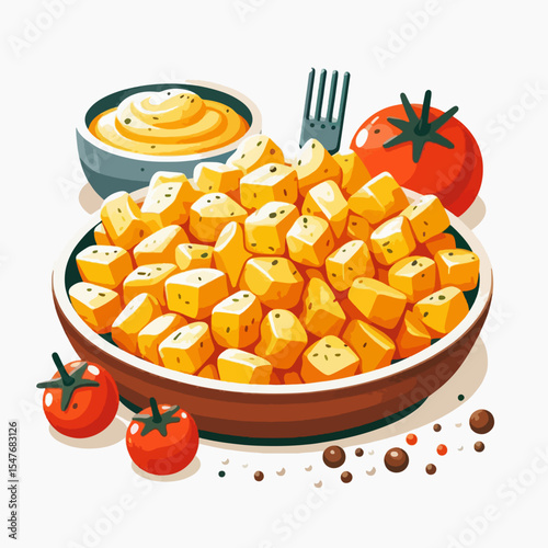 Vibrant graphic design of a platter holding many cubes of a golden-orange cooked potato, accompanied by cherry tomatoes, spices, and a small bowl of a light creamy dipping sauce.
