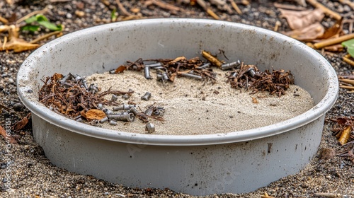 Metal Shavings and Leaves in a Shallow Gray Dish on the Ground