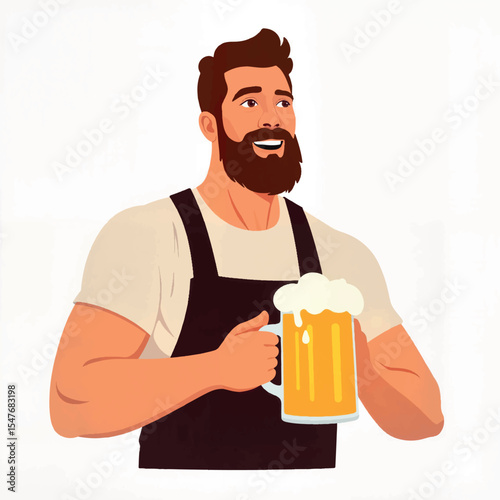 Bearded man joyfully brewing beer, vibrant celebration of craft