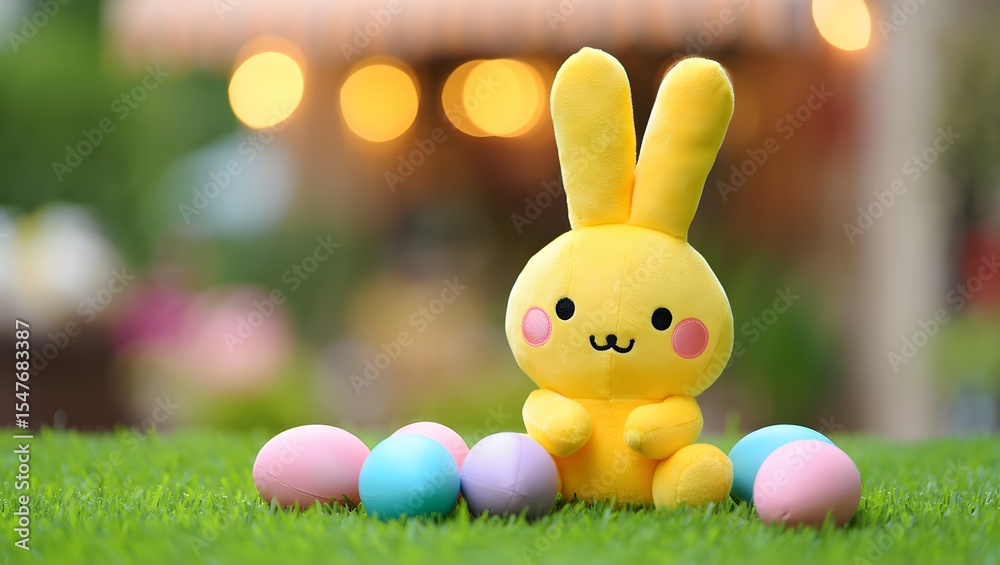 Fototapeta premium Yellow Easter Bunny Figurine with Colorful Eggs on Green Grass