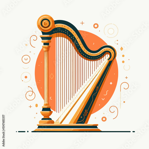 Stylized graphic illustration of a harp, featuring vibrant colors and decorative elements.  The design is flat, modern, and aesthetically pleasing.