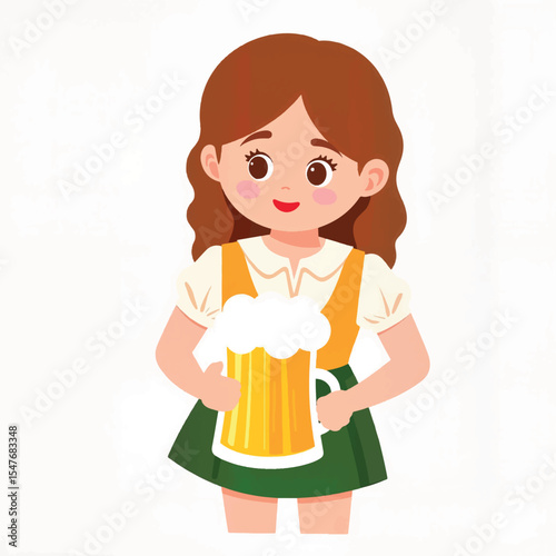 Cheerful girl holding beer in traditional dirndl, Oktoberfest spirit