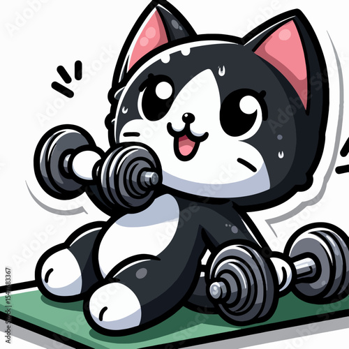 Stylized cartoon cat is depicted lifting weights on an exercise mat.  Its expression and pose suggest a healthy and active lifestyle.