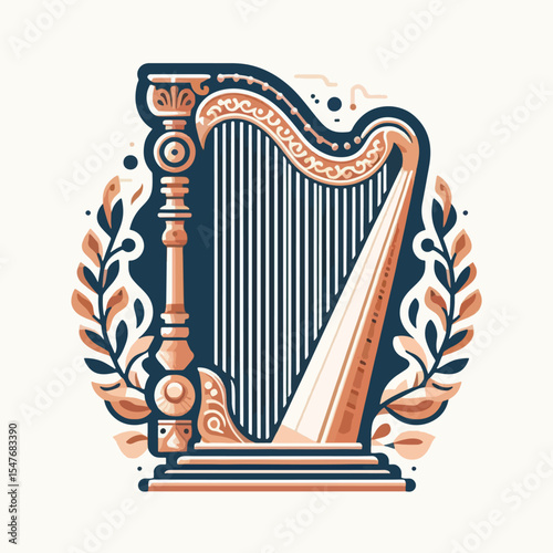Stylized illustration of a harp, featuring intricate details and decorative flourishes, set against a white background.  The harp is depicted in a modern, graphic style with warm colors.