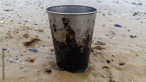 Metallic Cup Contaminated by Oil on Sandy Shoreline Landscape