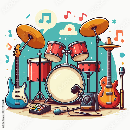 Flat design graphic of a drum set and various musical instruments, including guitars and a microphone. The image shows a colorful and cheerful presentation of music equipment.