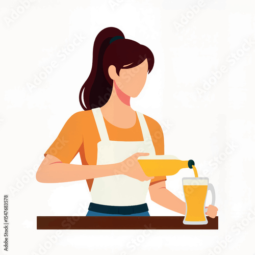 Woman pouring draft beer on white background, bar service illustration