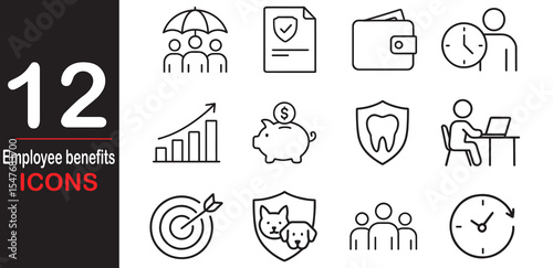Set of 12 Employee benefits icon set. Contains such icons as health insurance paid time off, dental coverage, vision benefits. Vector illustration.