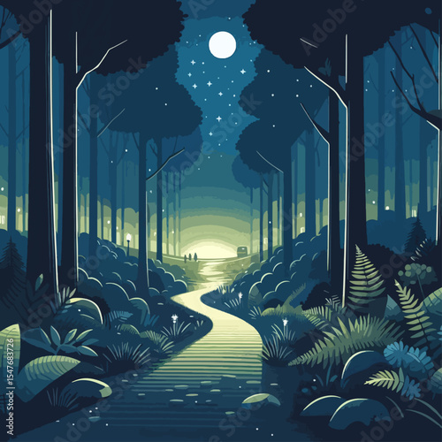 Stylized illustration of a winding forest path at night,  filled with plants, trees, and a soft glow.  Silhouettes of people are seen along the path.