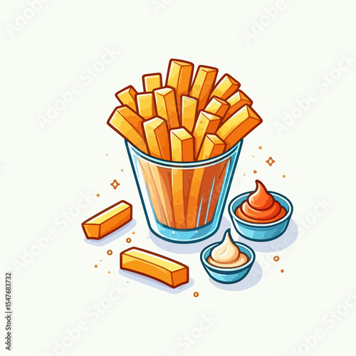Vibrant cartoon graphic of a portion of french fries, served with tomato and mayonnaise sauces, in a clear glass container.  The stylized illustration features a design choice and color palette.