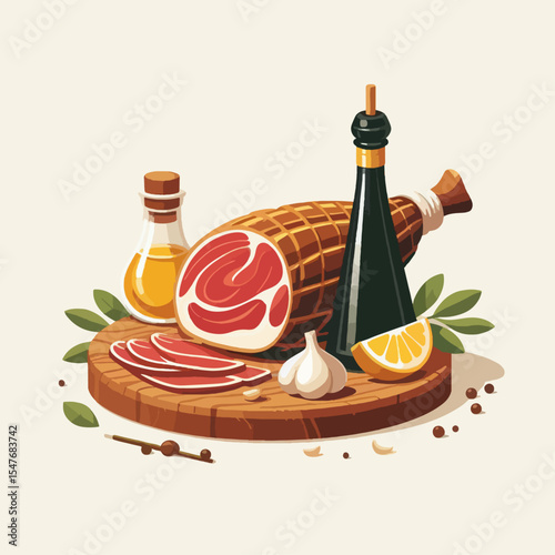Vibrant illustration of sliced cured meat,  olive oil, balsamic vinegar, and other culinary ingredients on a wooden cutting board.