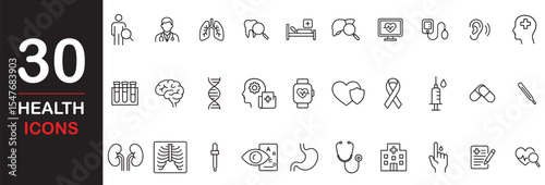 Set of 30 Health checkup icon set. Contains such icons as tests, viruses, lung, doctor, nurse, stethoscope, brain, eye, hearing, kidneys and more. Vector illustration.