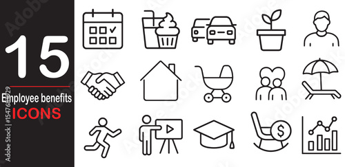 Set of 30 Employee benefits icon set. Contains such icons as health insurance paid time off, dental coverage, vision benefits. Vector illustration.