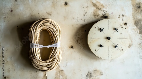 Natural Rope Bundle and Wooden Circle on Textured Background