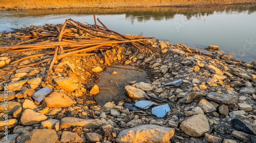 Natural Riverside Scene with Rocks and Wooden Logs at Sunset