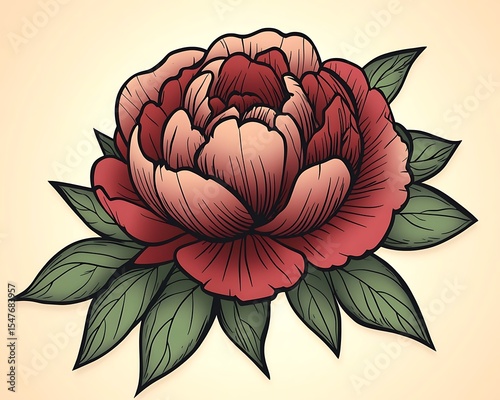 Detailed illustration of a colorful peony flower with several green leaves