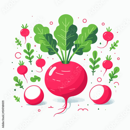 Vibrant, cartoonish illustration of a radish with leaves and sliced pieces arranged against a white background. The style is bold and playful.
