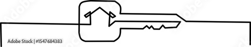 One-line drawing of a key with a house symbol, representing home security, real estate, and new beginnings. Perfect for logos, icons, or website design.