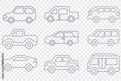Modern car set in linear style on transparent background.