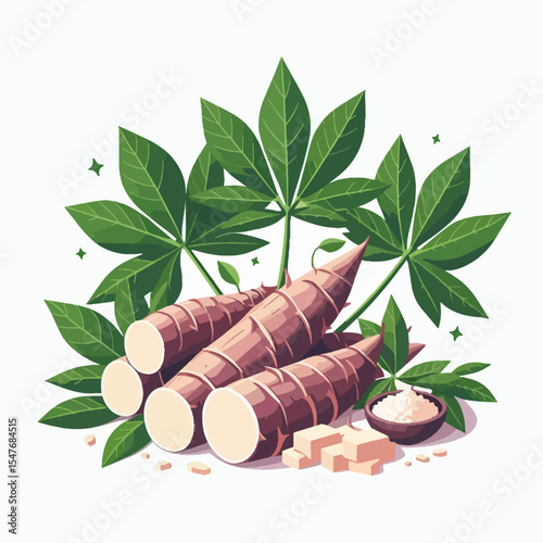 Digital illustration showcasing cassava roots, leaves, and cubes, arranged against a white backdrop.  The image emphasizes the plant's components and suggests a healthy and nutritious food source.