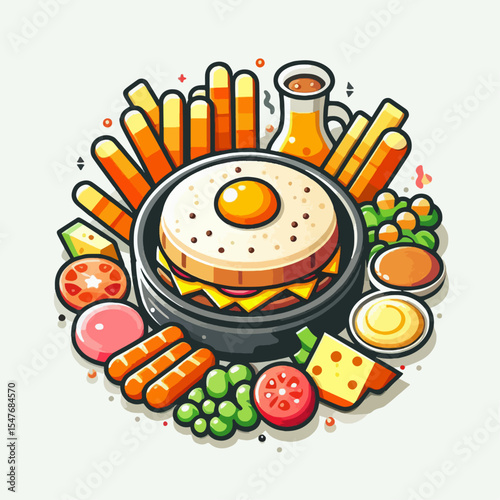 Stylized, colorful graphic design of a sandwich and various food items, arranged in a circular pattern.