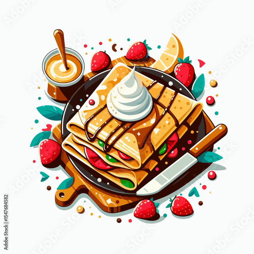 Vibrant illustration of a crepe stack decorated with whipped cream, strawberries, and colorful sauces.  It sits on a wooden board with a knife and spoon.