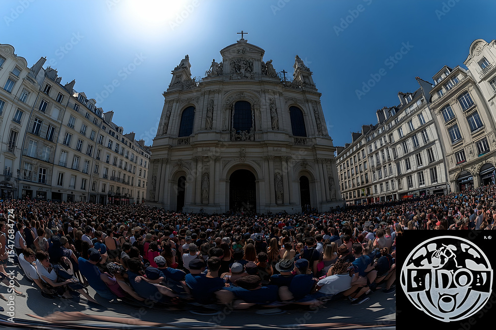 Naklejka premium Large crowd gathers outside historic church building on sunny day
