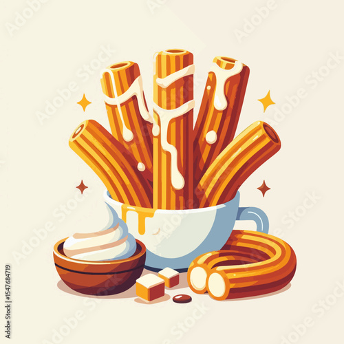 Charming illustration of churros in a cup with sweet sauces, sugar and chocolate.
