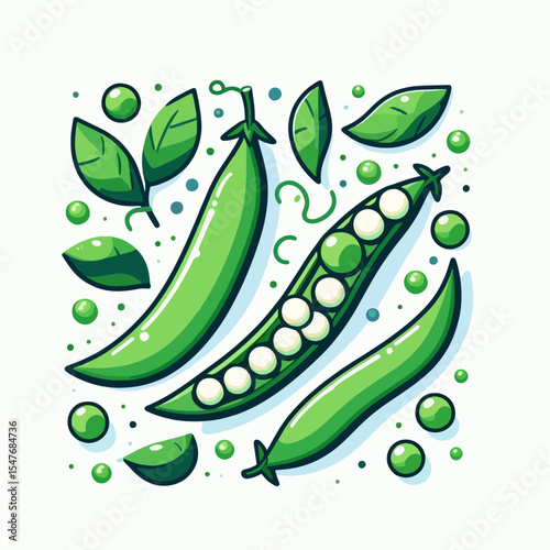 Whimsical and colorful illustration of green peas and leaves.  The graphic elements are arranged in a playful, decorative manner.