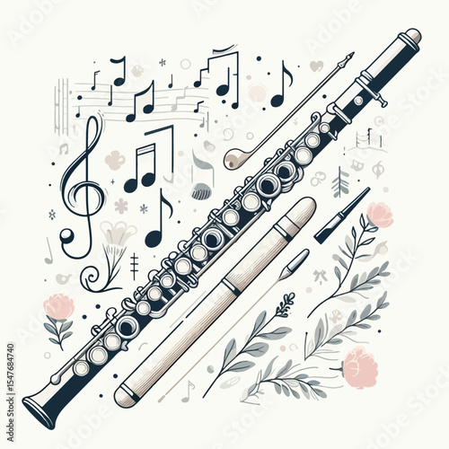 Stylized illustration of a flute surrounded by musical notation and delicate floral elements.  The design is presented on a light background.
