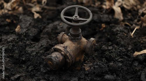 Old Rusty Valve on Dark Soil Surrounded by Dried Leaves and Debris