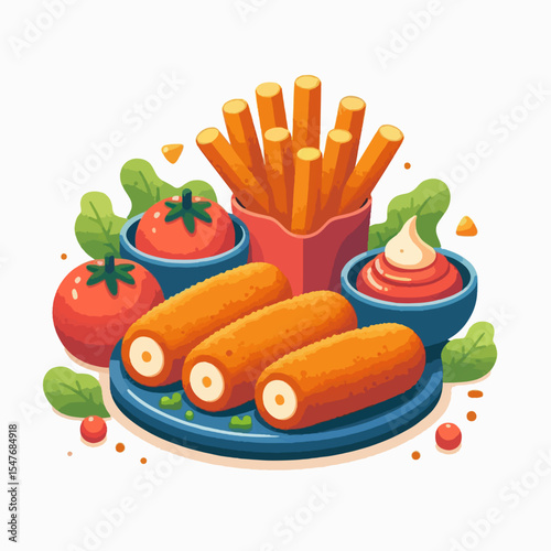Vibrant digital graphic of a platter containing french fries, breaded snacks and tomatoes alongside a dipping sauce.