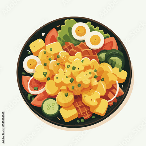 Detailed illustration of a  colorful salad displayed on a black plate.  The salad features various elements including  cut vegetables, cooked eggs, and pasta.