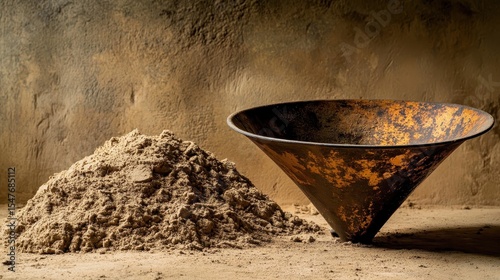 Pile of Sand Next to an Old Rusty Cone in a Studio Setting