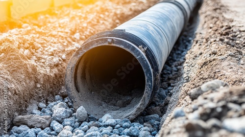 Pipe Installation in Construction Site Under Bright Sunset Glow