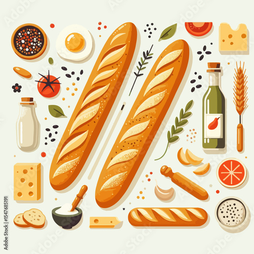 Colorful flat design illustration of various fresh baked goods and cooking ingredients arranged in a pattern.