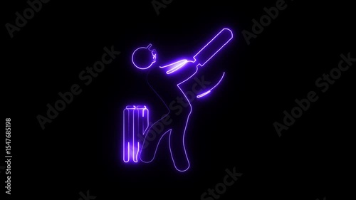 Glowing neon cricket player with bat icon isolated on black background. HD Video motion graphic animation