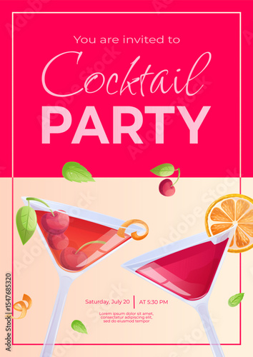 Cocktail party invitation design template . Cosmopolitan cocktail, Manhattan, orange slice, cherry, peel. The concept of a party, holiday, birthday. Vector illustration in A4 format