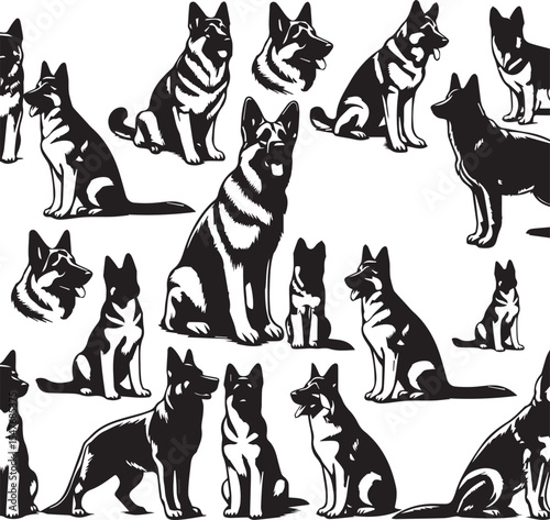 German Shepherd Dog Silhouette Vector | Black and White Illustration	