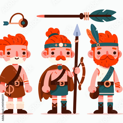 Three cartoon characters in tribal clothing and holding various tools, showcasing a stylized illustration of cultural representation.