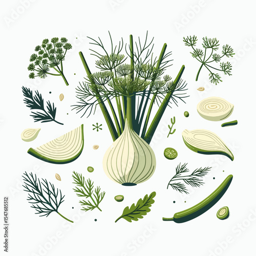 Circular graphic design features a variety of fresh herbs and vegetables, including dill, fennel, and onion, in vibrant colors.  The elements are arranged in a decorative pattern.
