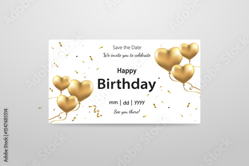 Elegant Gold Heart Balloons Birthday Invitation Template