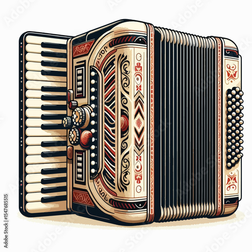 Detailed illustration of a vintage accordion with intricate decorative patterns.