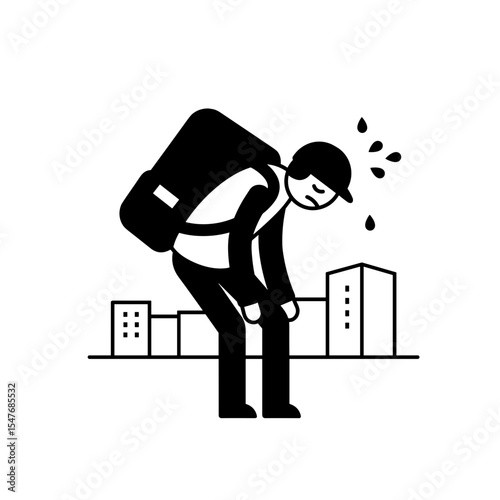 Tired worker carrying heavy backpack and sweating in urban background   on a transparent background
