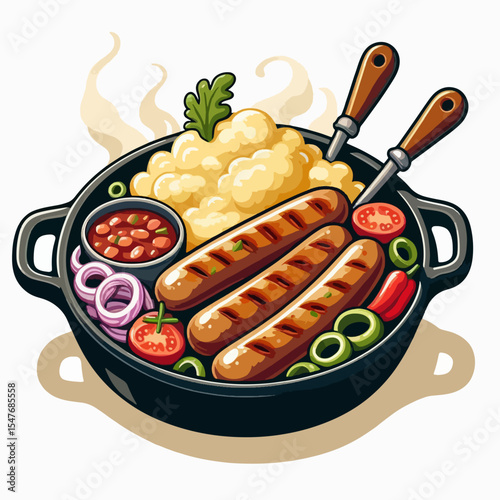 Colorful illustration of a hearty meal, featuring grilled sausages, mashed potatoes, and a medley of colorful vegetables in a cast iron pan.  Steam rises from the dish.