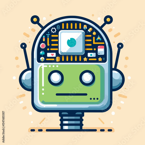 Stylized graphic representation of a robot's head, featuring various digital components and colorful details against a light background.