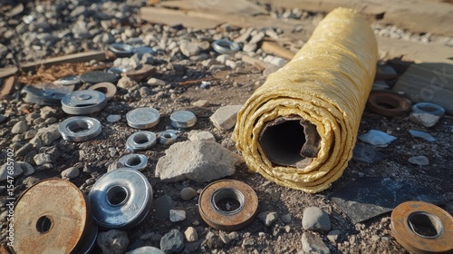 Rolled Fabric and Metallic Objects on a Gravel Surface