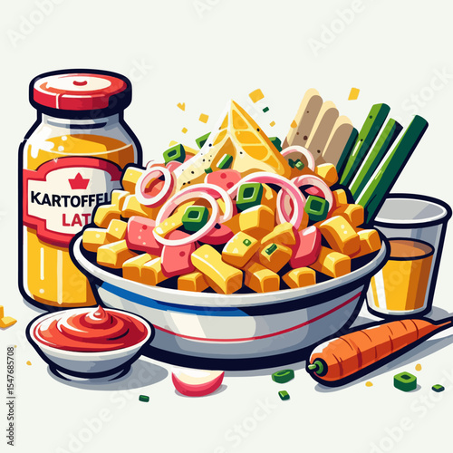 Vibrant illustration of a dish, featuring diced vegetables, meats, and sauces, presented in a stylized, graphic way.