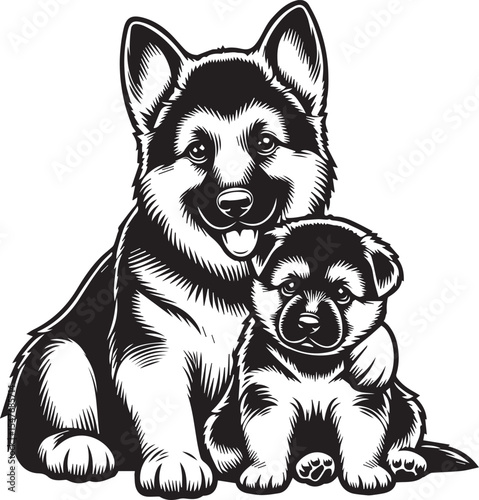 German Shepherd Dog Silhouette Vector | Black and White Illustration	
